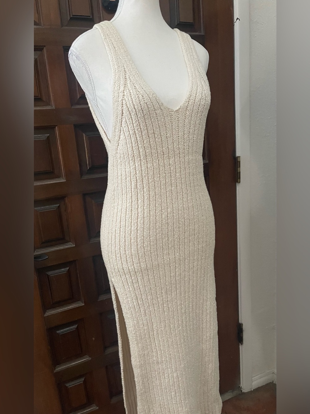 Free People Cream Ribbed Midi Tank Sweater Dress
